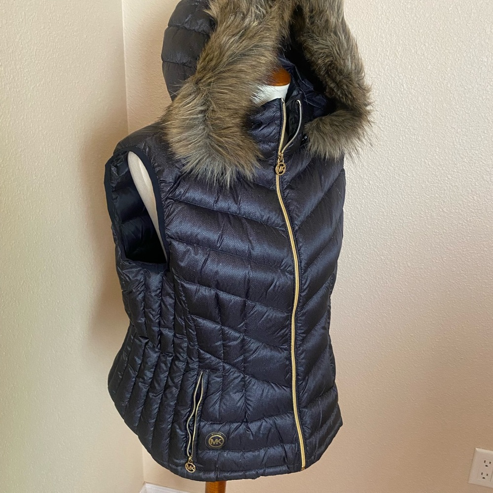 Michael Kors Black Puffer Vest with Faux Fur Trim